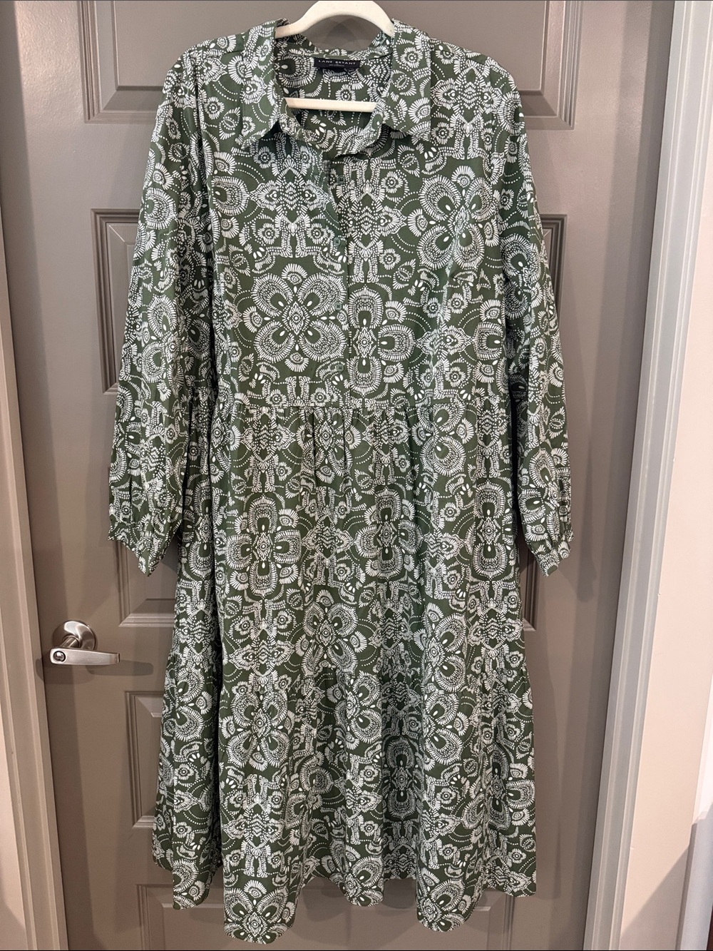 Lane Bryant Olive Green & White Printed Long Sleeve Dress